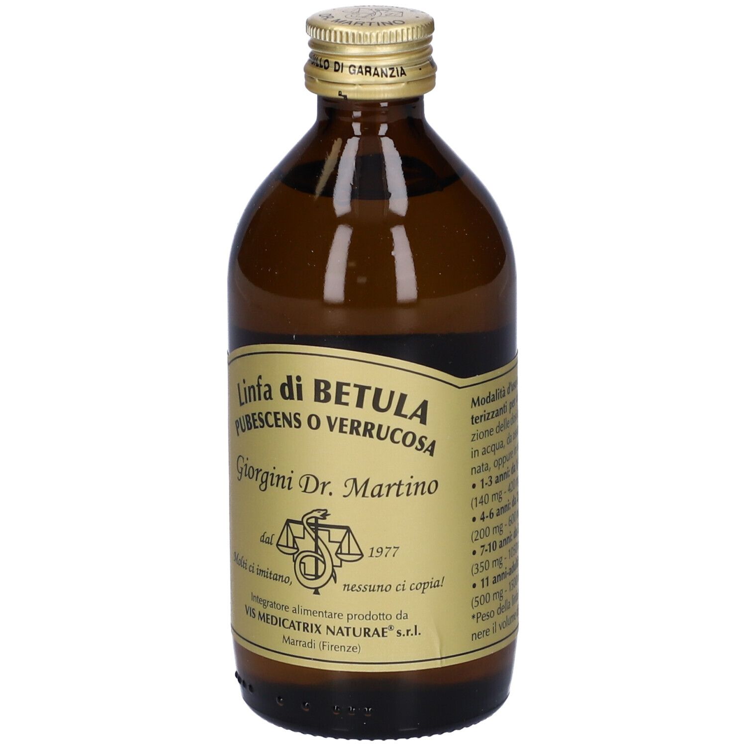 Braune Glasflasche mit goldfarbenem Etikett. Auf dem Etikett steht 'Linfa di Betula' und 'Giorgini Dr. Martino'.