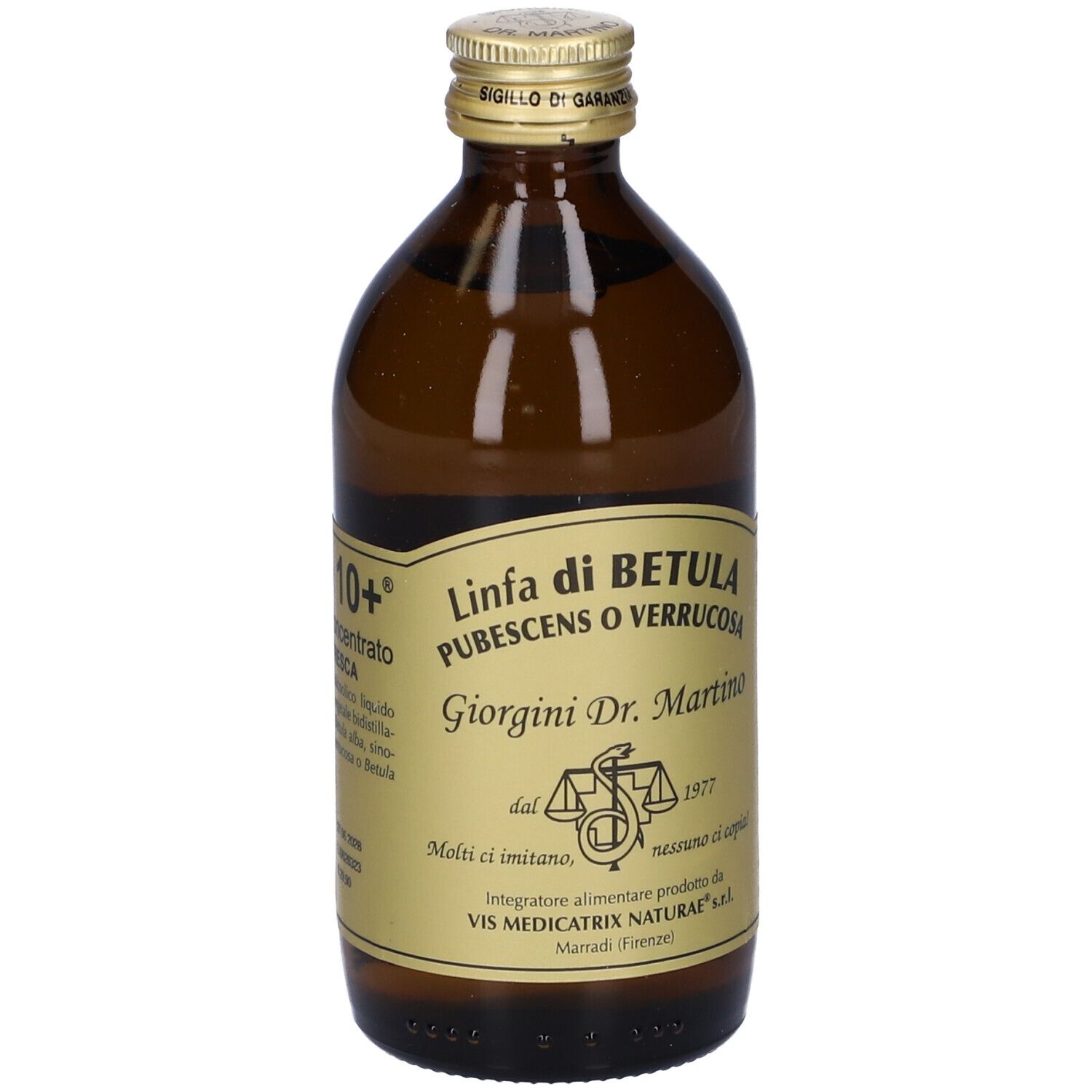 Braune Glasflasche mit goldfarbenem Etikett. Auf dem Etikett steht 'Linfa di Betula' und 'Giorgini Dr. Martino'.