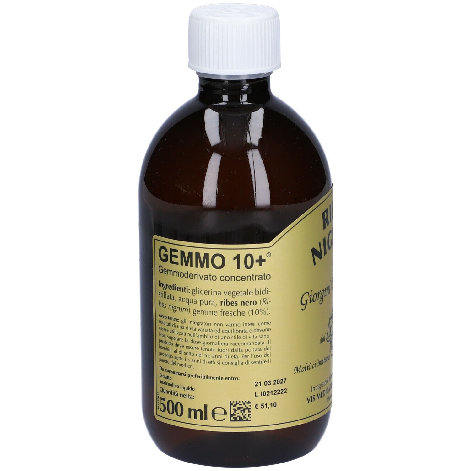 Bottiglia di vetro marrone con tappo bianco. Etichetta con testo: Gemmo 10+, Ribes Nigrum, Giorgini Dr. Martino. 500 ml.