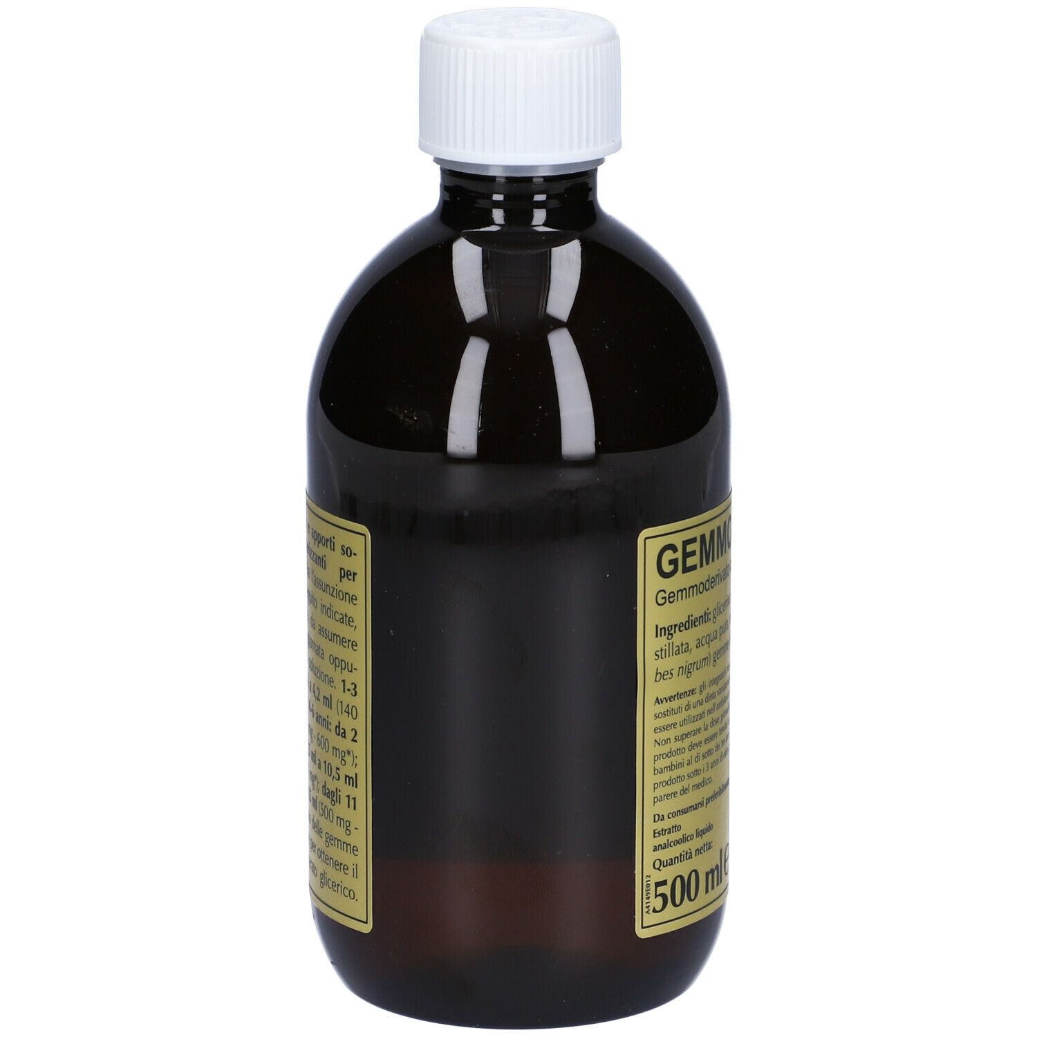 Bottiglia di vetro marrone con tappo bianco. Etichetta con testo: Gemmo 10+, Ribes Nigrum, Giorgini Dr. Martino. 500 ml.