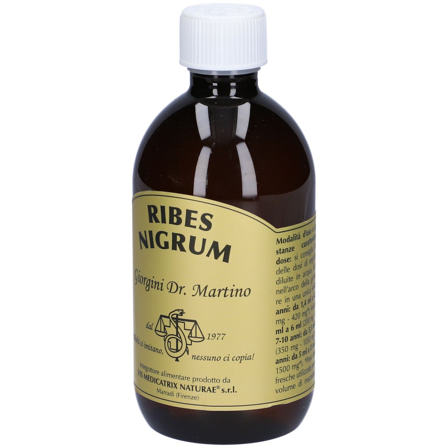 Bottiglia di vetro marrone con tappo bianco. Etichetta con testo: Ribes Nigrum, Giorgini Dr. Martino. Logo con bilancia e serpente.