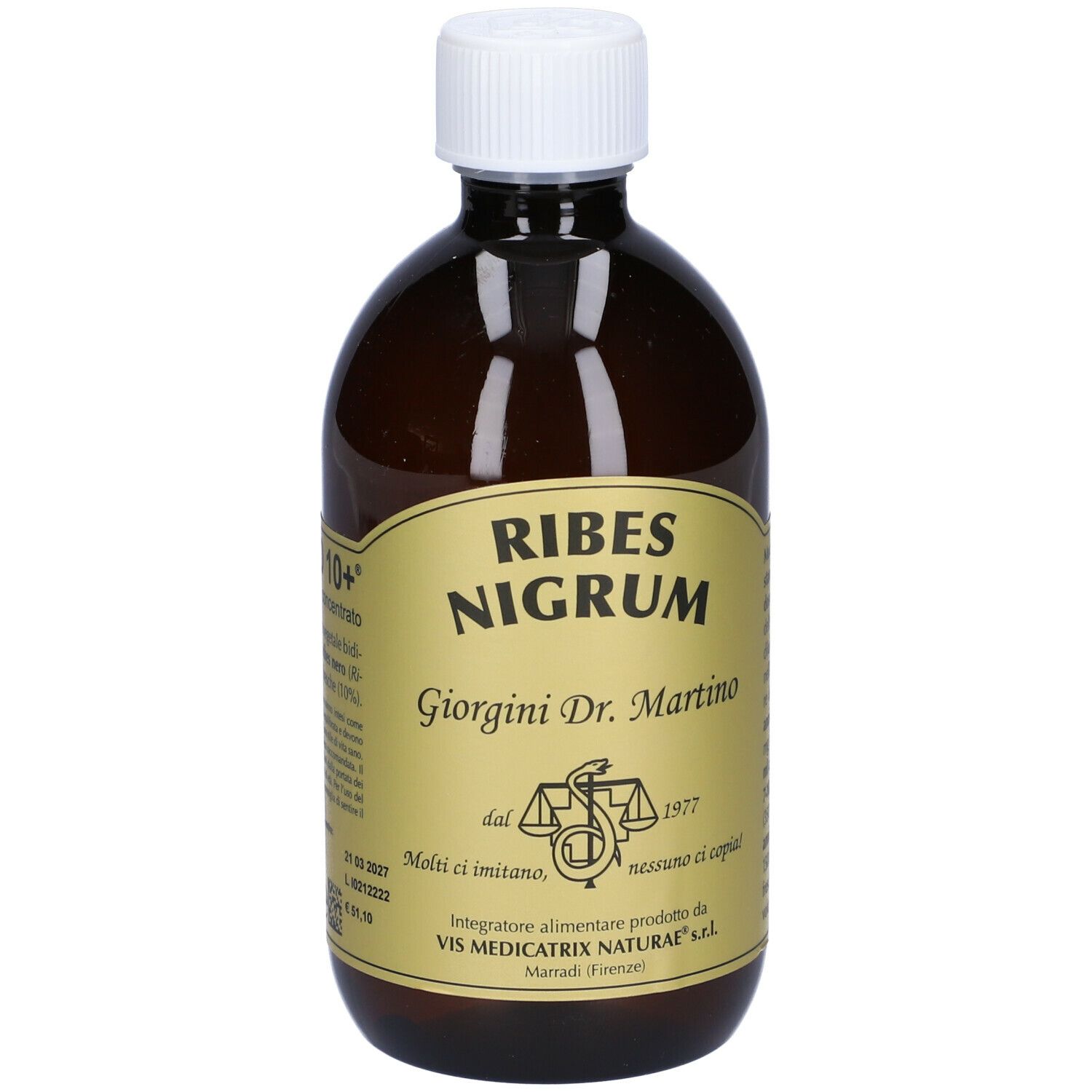 Bottiglia di vetro marrone con tappo bianco. Etichetta con testo: Ribes Nigrum, Giorgini Dr. Martino. Logo con bilancia e serpente.