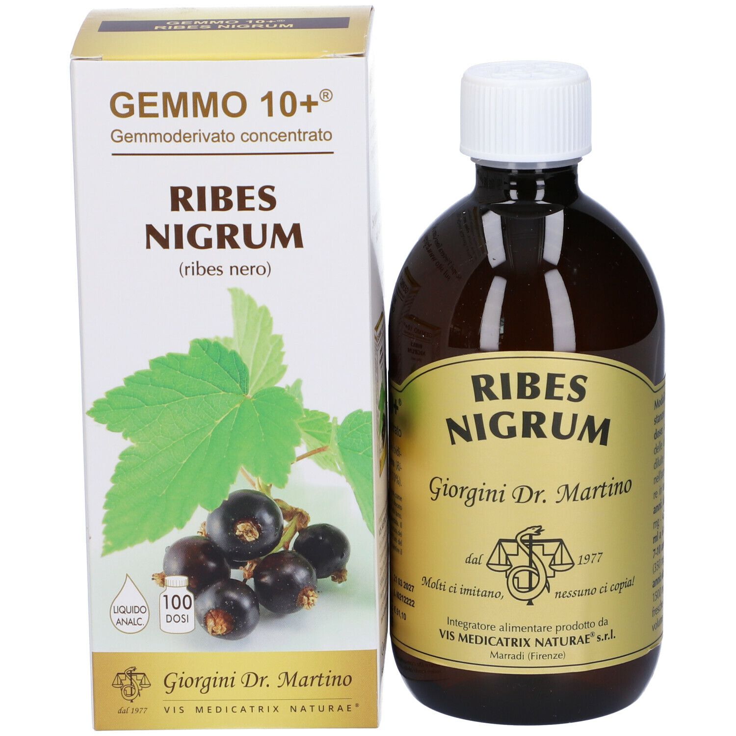 Confezione e bottiglia. Scatola con testo: Gemmo 10+, Ribes Nigrum. Bottiglia: marrone, tappo bianco.