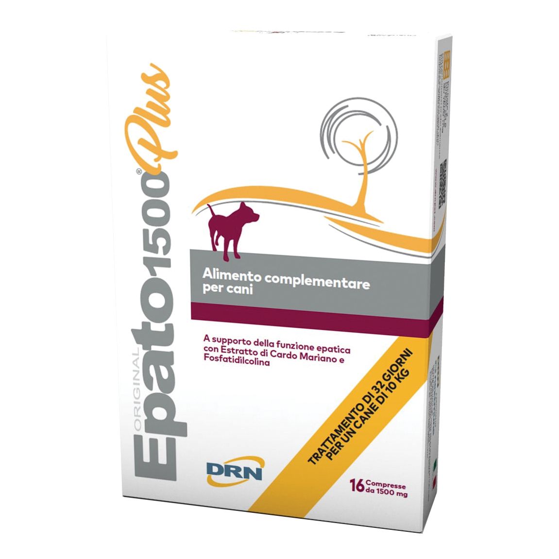 Confezione di Epato 1500 Plus Cane Compresse. Bianca, nome del prodotto, silhouette di cane e testo. 16 compresse.