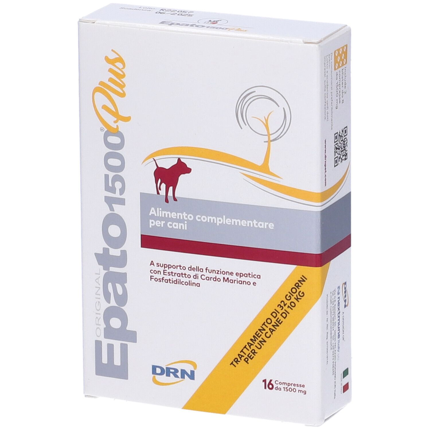 Confezione di Epato 1500 Plus Cane Compresse. Bianca, nome del prodotto, silhouette di cane e testo. 16 compresse.