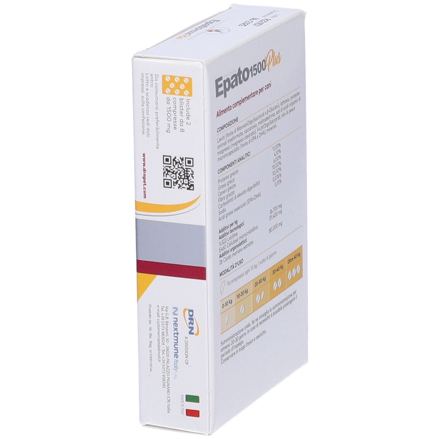 Confezione di Epato 1500 Plus Cane Compresse. Contiene informazioni sugli ingredienti e il dosaggio.
