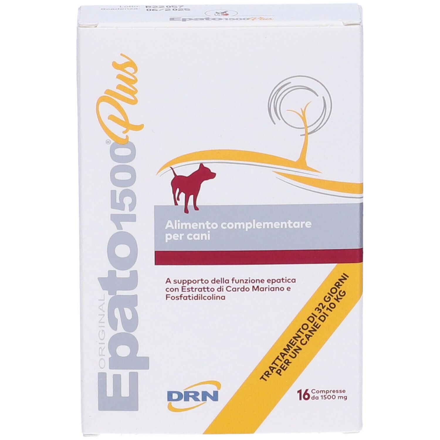 Confezione di Epato 1500 Plus Cane Compresse. Bianca, nome del prodotto, silhouette di cane e testo. 16 compresse.