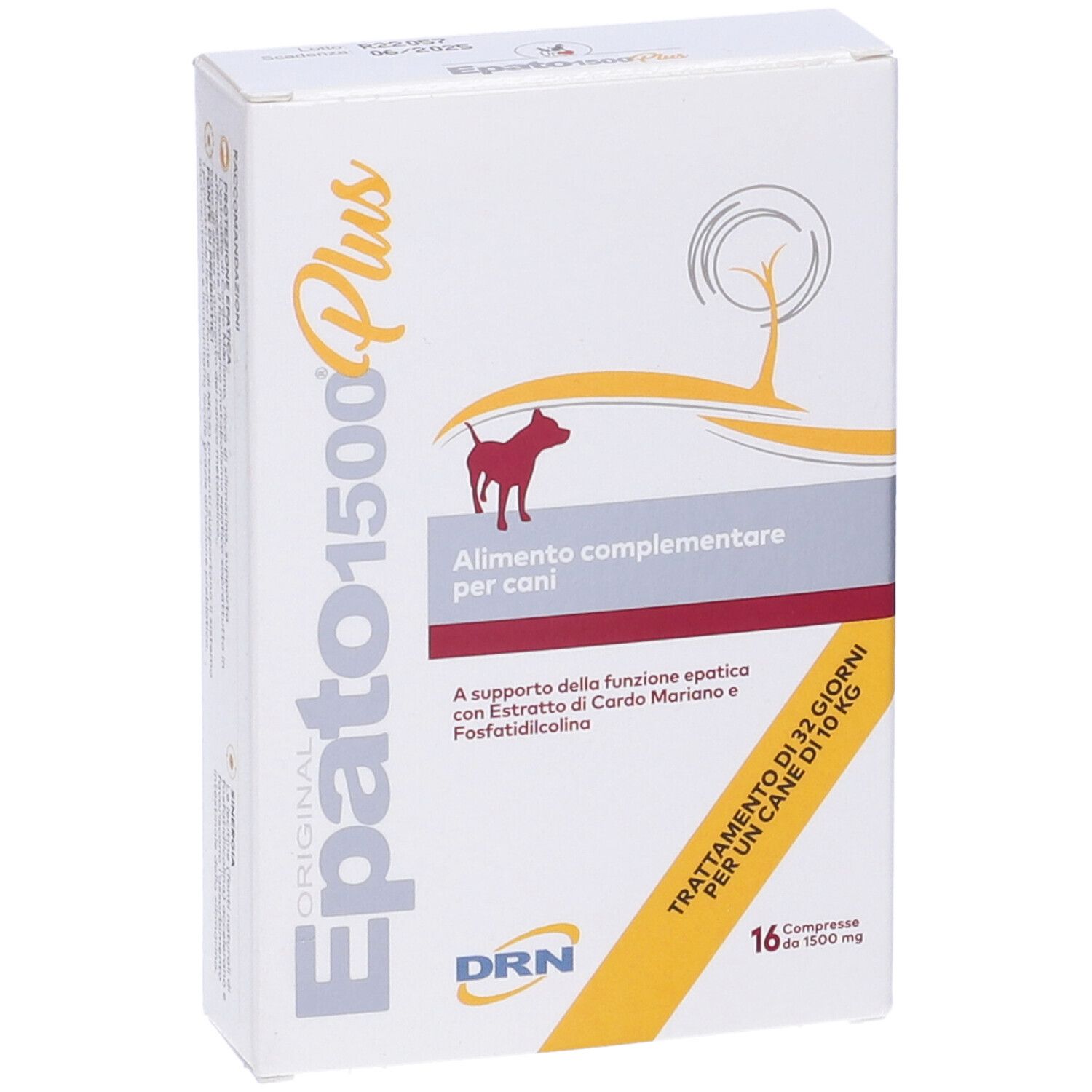 Confezione di Epato 1500 Plus Cane Compresse. Bianca, nome del prodotto, silhouette di cane e testo. 16 compresse.