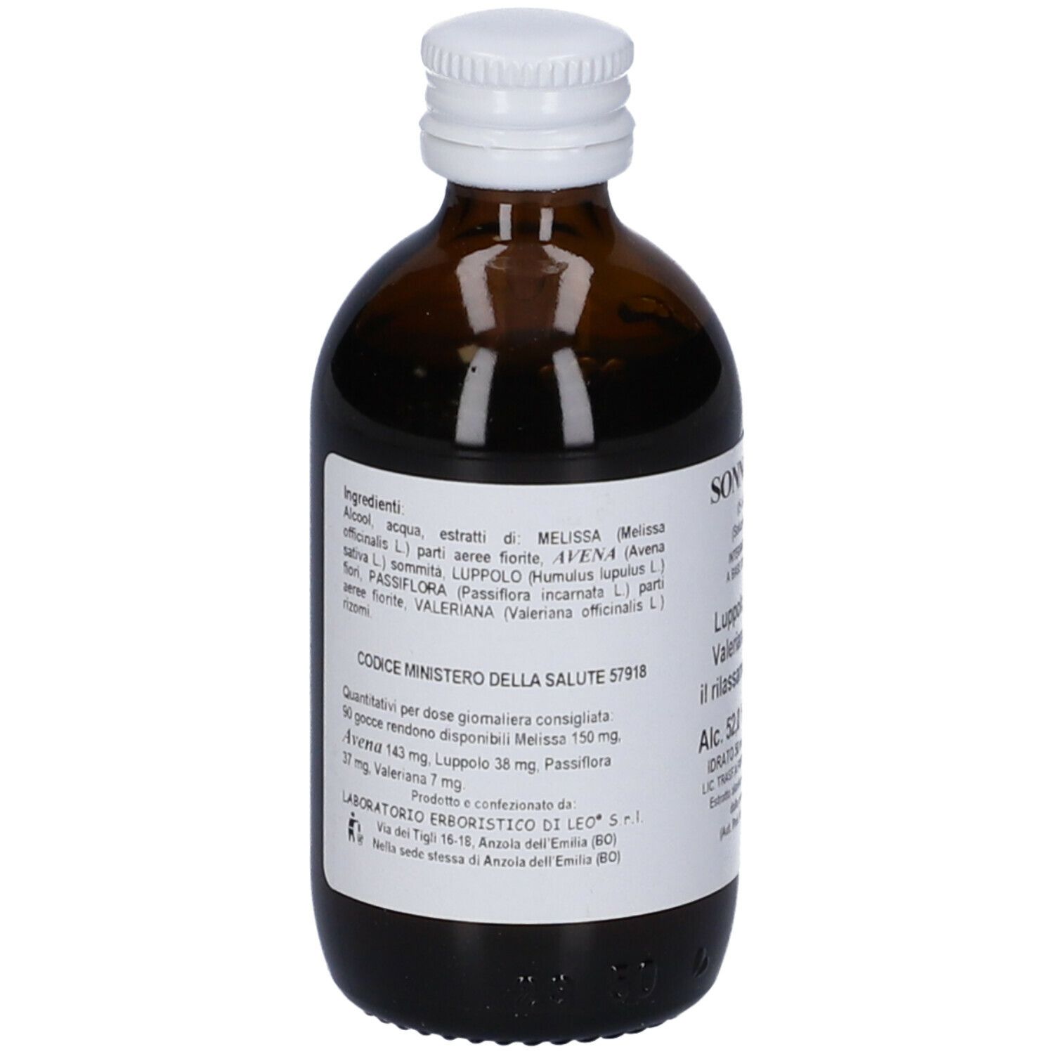 Flacone di vetro marrone con tappo bianco. Etichetta con ingredienti e informazioni. Scritta: Sonno-Herb.