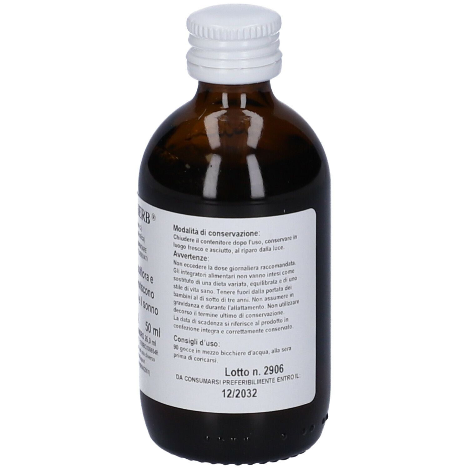 Flacone di vetro marrone con tappo bianco. Etichetta con informazioni sul prodotto. Scritta: Sonno-Herb.