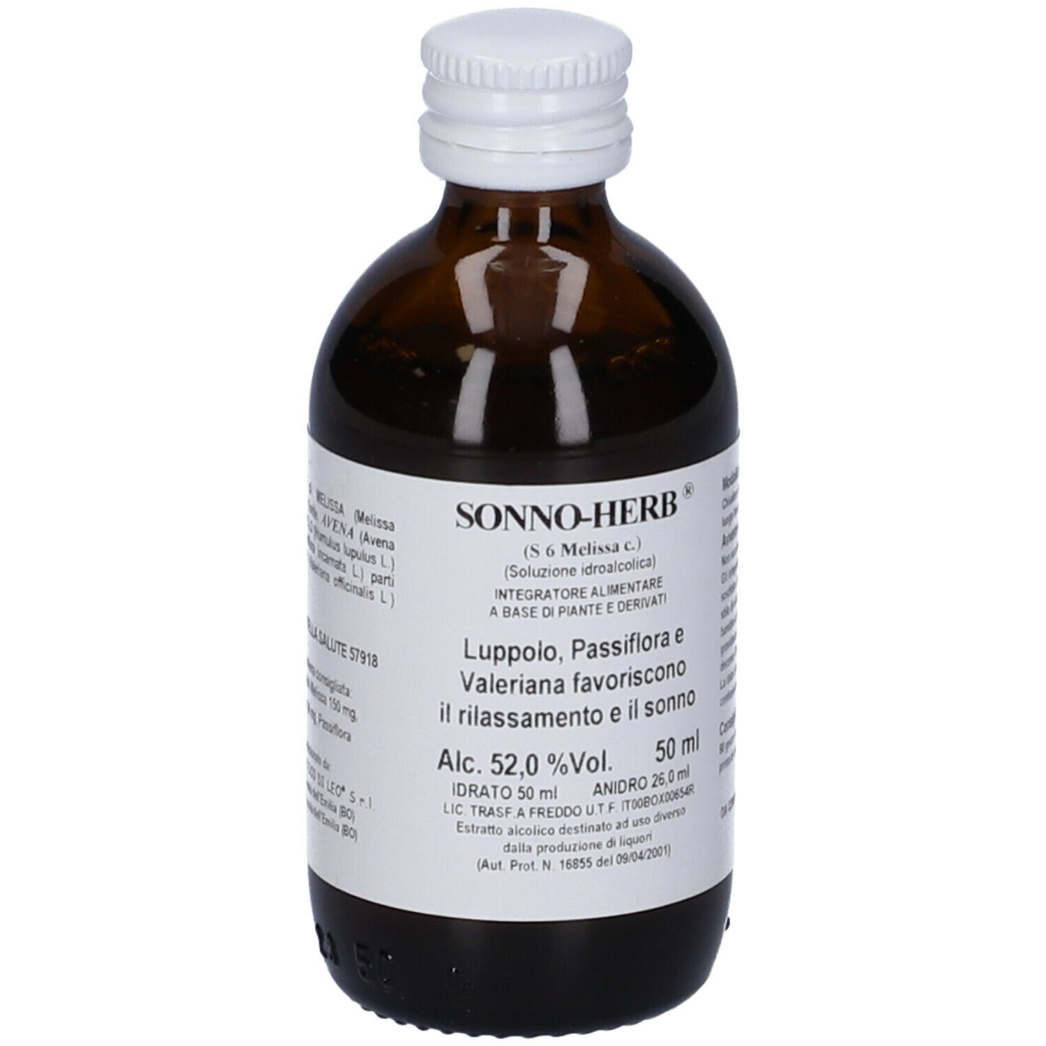 Flacone di vetro marrone con tappo bianco. Etichetta con informazioni sul prodotto. Scritta: Sonno-Herb.