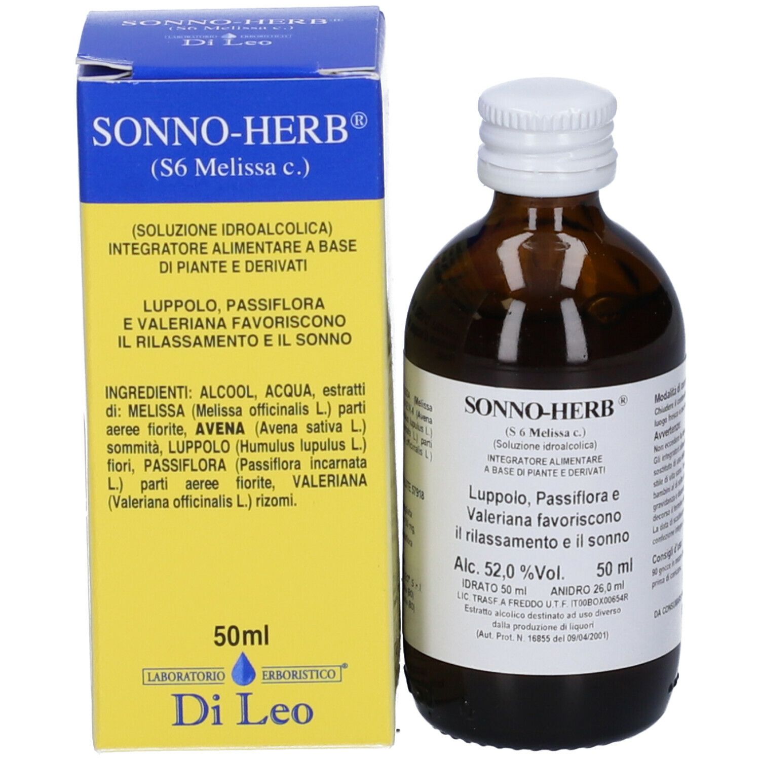 Flacone di vetro marrone e scatola. Scritta: Sonno-Herb. Scatola blu-gialla. Flacone con tappo bianco.