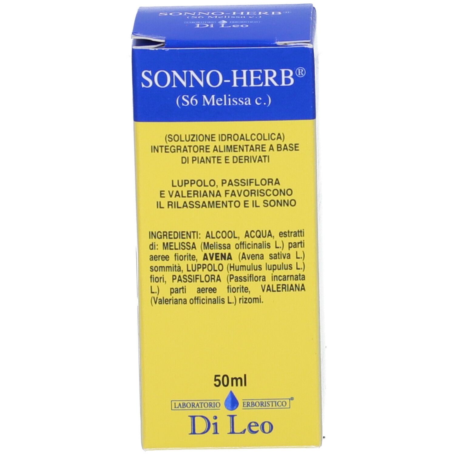 Scatola blu e gialla. Scritta: Sonno-Herb. Informazioni sul prodotto e logo. 50 ml.