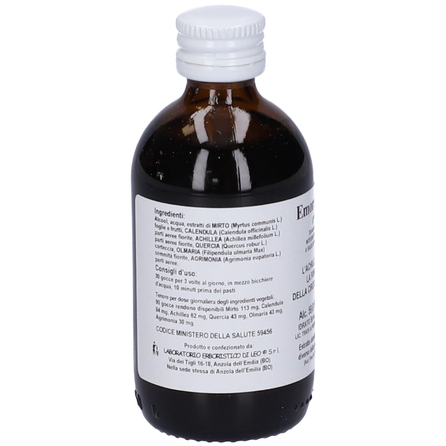 Flacone di vetro marrone con tappo bianco. Etichetta con elenco degli ingredienti. 50 ml.