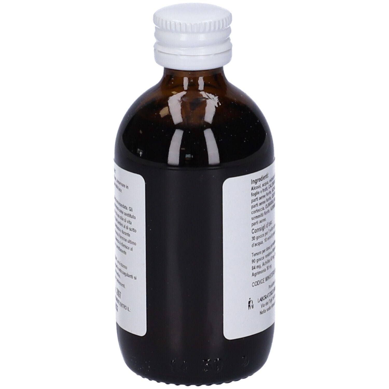 Flacone di vetro marrone con tappo bianco. Etichetta con informazioni sul prodotto. 50 ml.