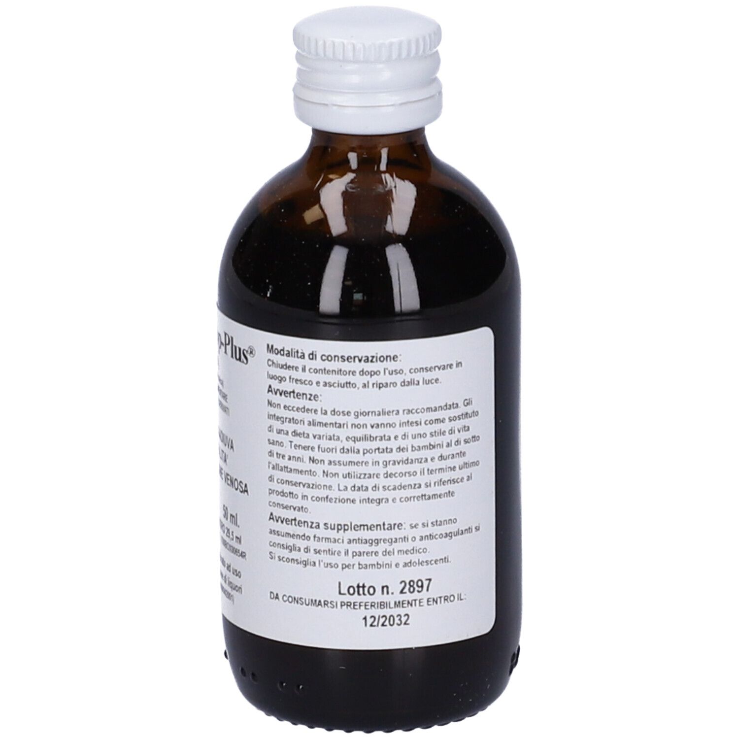 Flacone di vetro marrone con tappo bianco. Etichetta con avvertenze e data di scadenza. 50 ml.