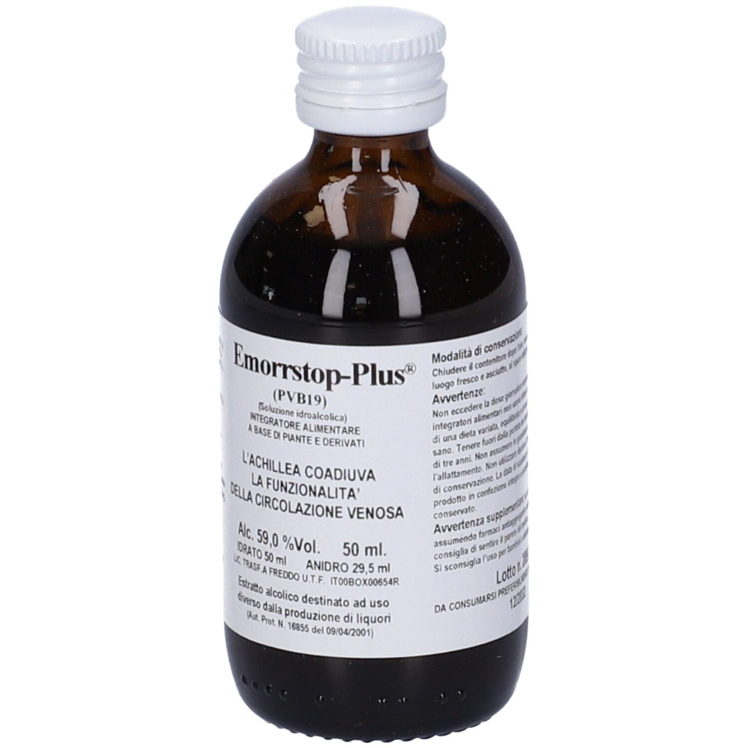 Flacone di vetro marrone con tappo bianco. Etichetta con nome del prodotto e informazioni. 50 ml.