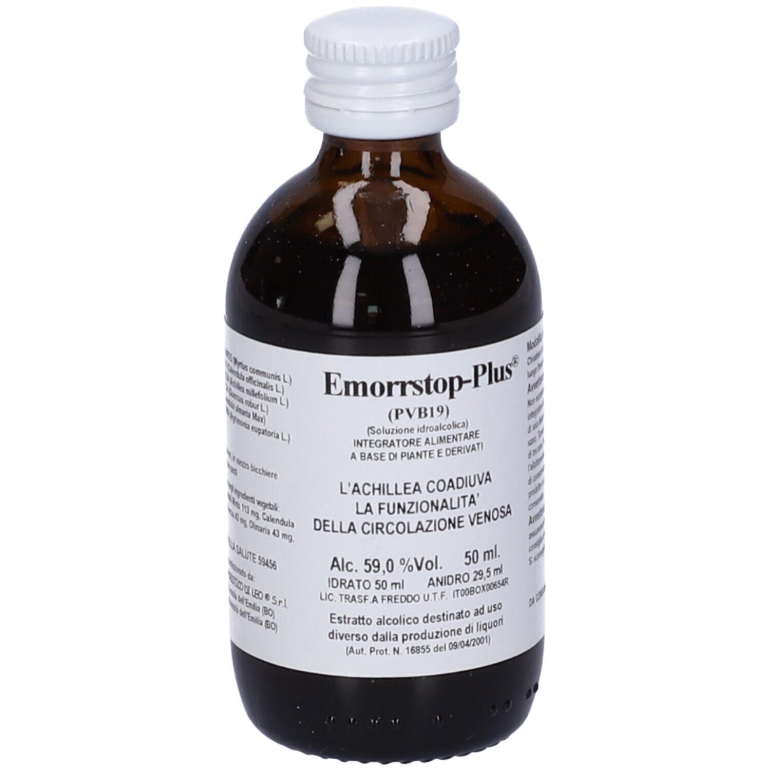 Flacone di vetro marrone con tappo bianco. Etichetta con nome del prodotto e informazioni. 50 ml.