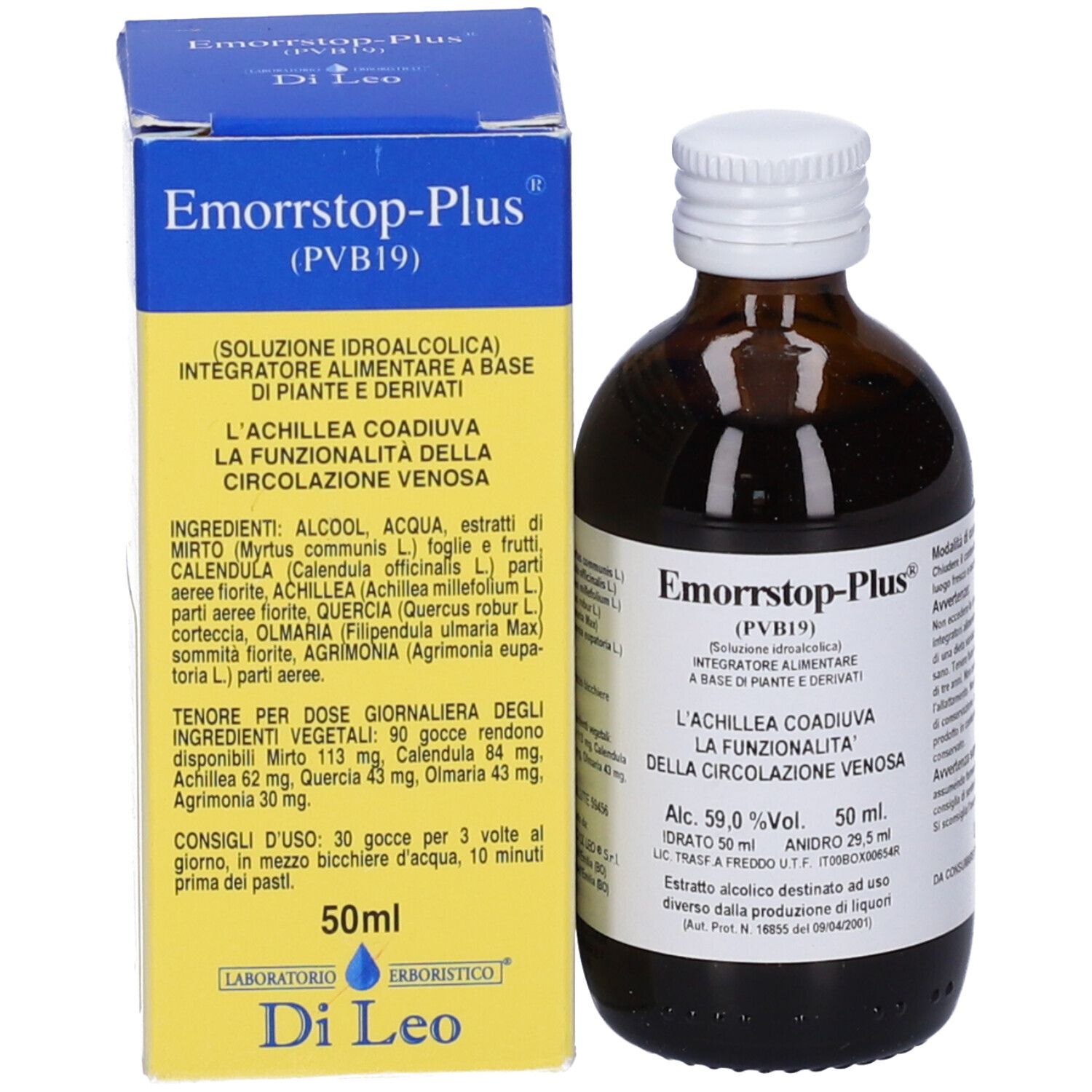 Flacone di vetro marrone e scatola. Flacone con tappo bianco ed etichetta. Scatola con nome del prodotto e informazioni. 50 ml.