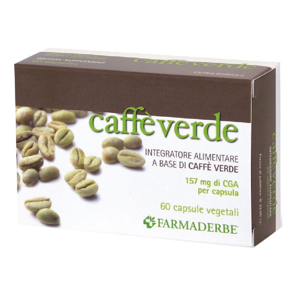 Scatola di caffè verde. Scritta: Caffè Verde, 60 capsule, 157 mg CGA. Marchio: Farmaderbe.