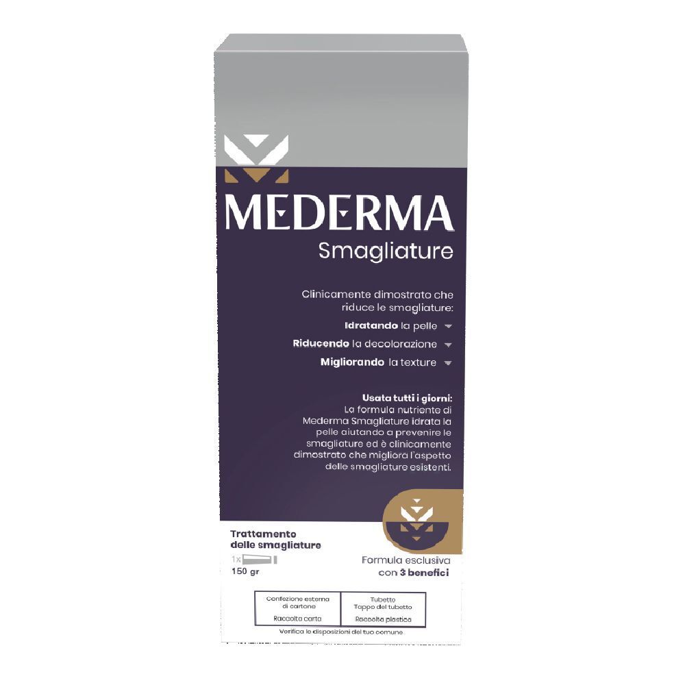 Mederma Smagliature Creme-Verpackung. Lila-graue Schachtel mit Produktnamen und Text. 150 g.