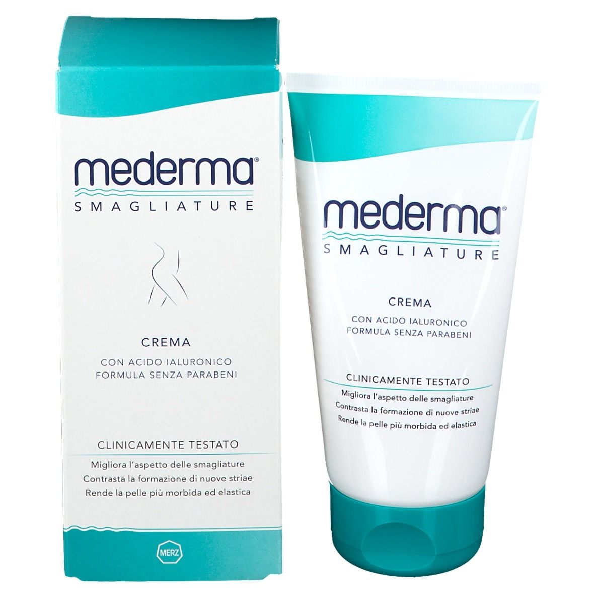 Mederma Smagliature Creme-Verpackung und Tube. Weiße Tube und Schachtel mit Produktnamen und Text.