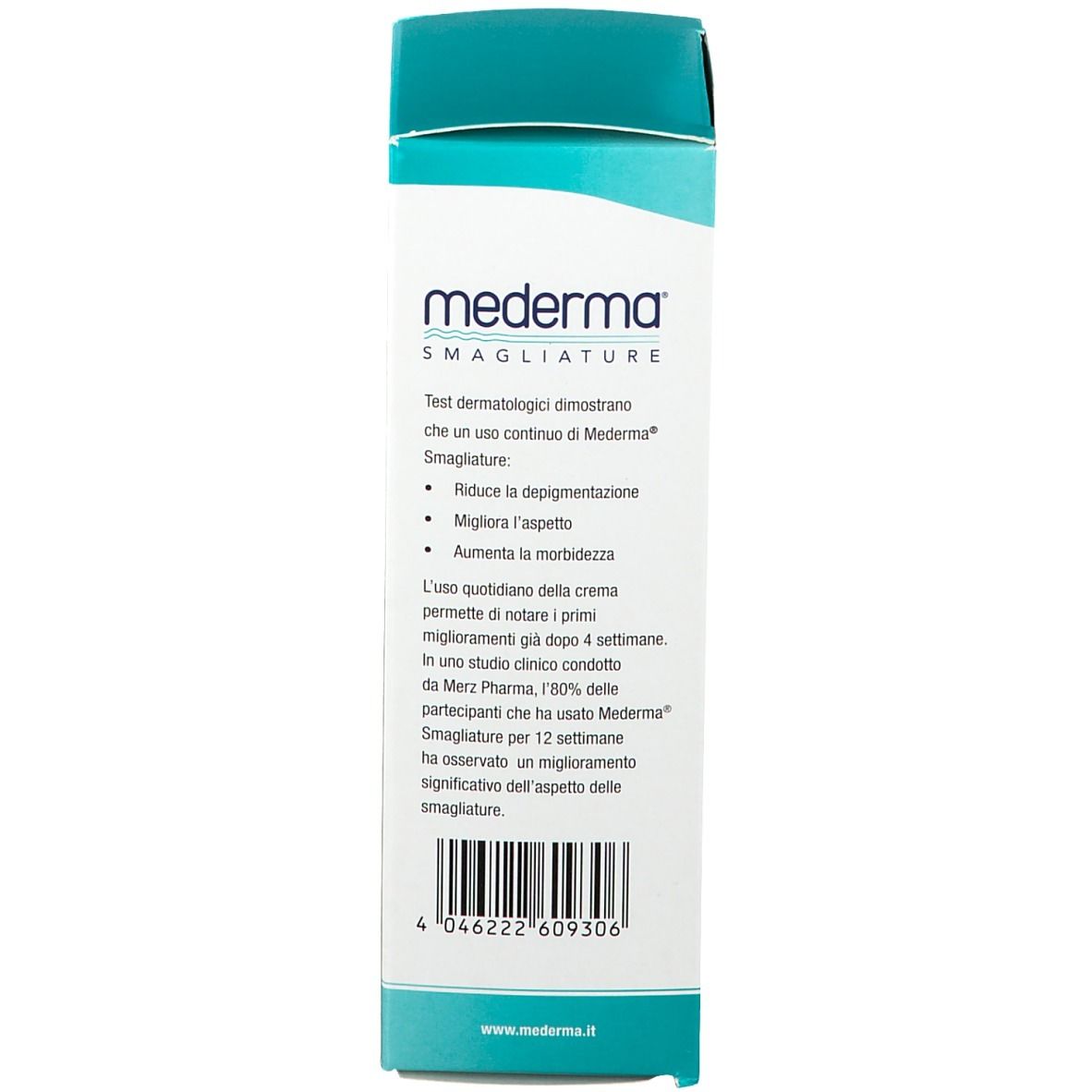 Rückseite der Mederma Smagliature Creme-Verpackung. Text mit Produktinformationen und Logo.