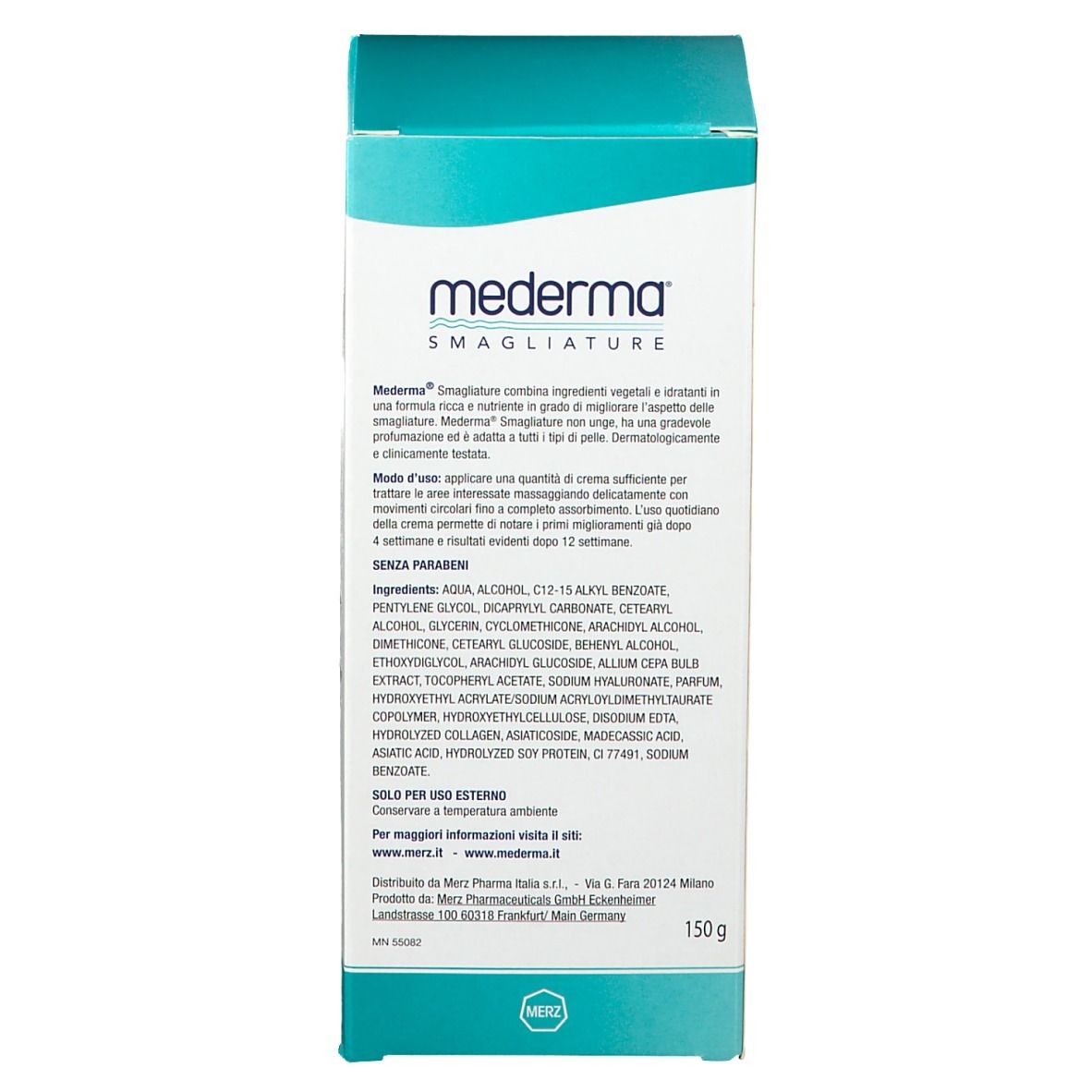Rückseite der Mederma Smagliature Creme-Verpackung. Text mit Inhaltsstoffen und Herstellerinformationen. 150 g.