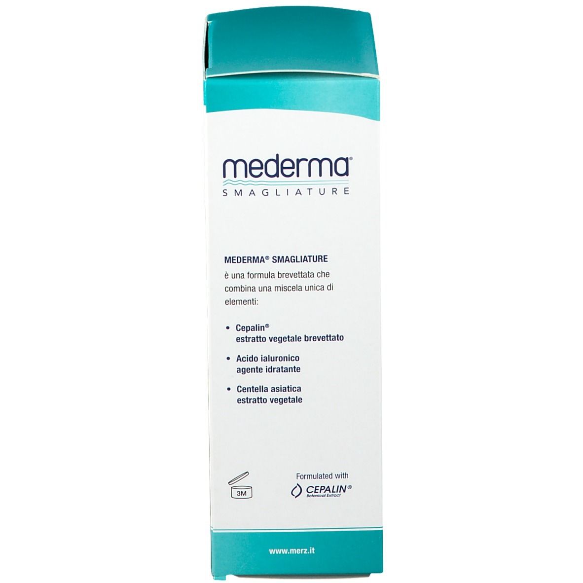 Rückseite der Mederma Smagliature Creme-Verpackung. Text mit Inhaltsstoffen und Logo.