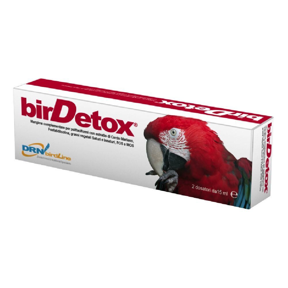 Confezione di Birdetox con scritta "birDetox" e illustrazione di pappagallo. Contiene 2 dosatori da 15 ml.