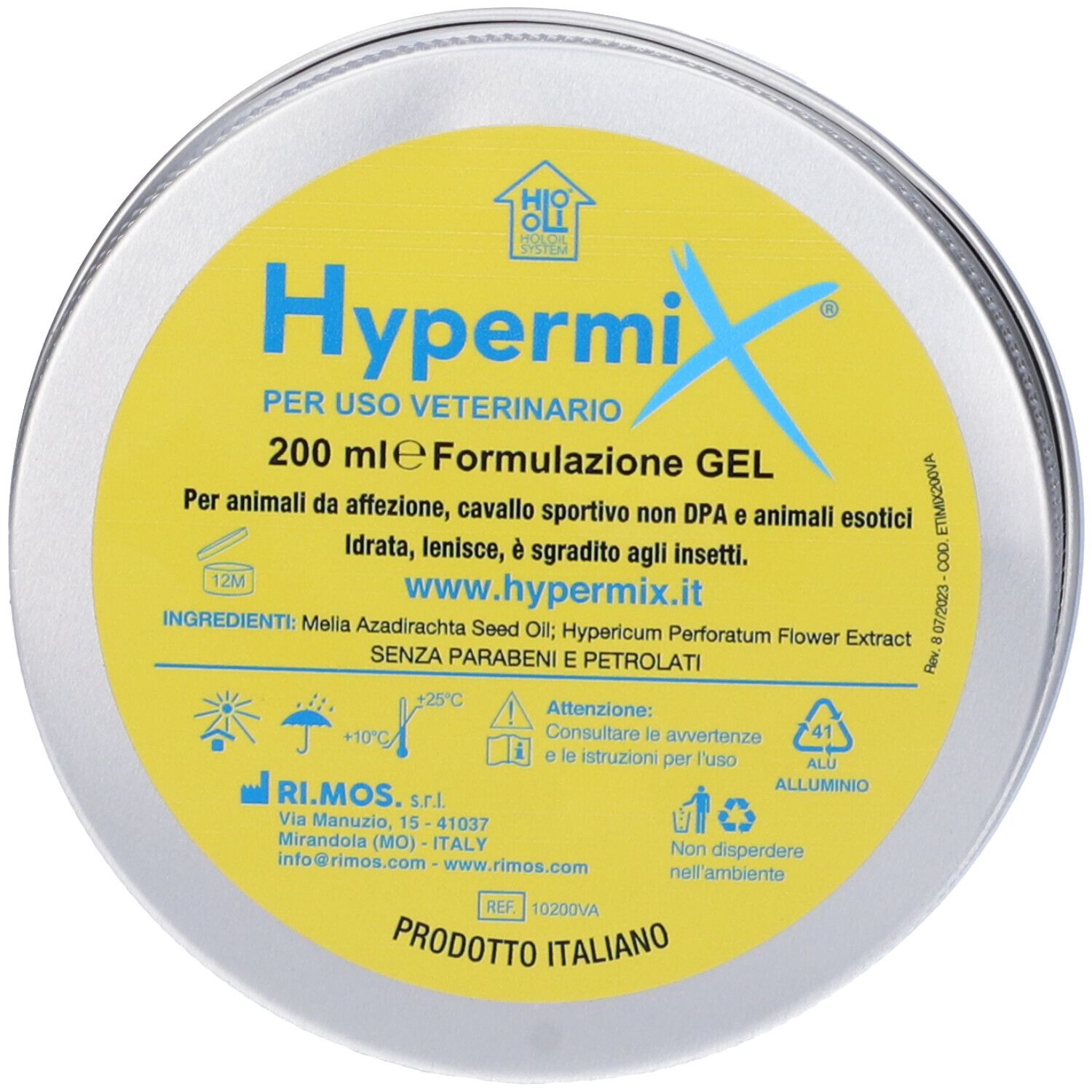 Barattolo rotondo con etichetta gialla. Scritta HypermiX, 200 ml di gel. Contiene ingredienti e avvertenze. Prodotto italiano.