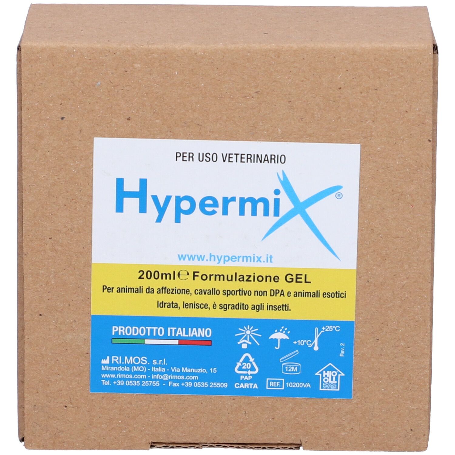 Confezione in cartone con etichetta blu-gialla. Scritta HypermiX, 200 ml di gel. Contiene informazioni sul prodotto. Prodotto in Italia.