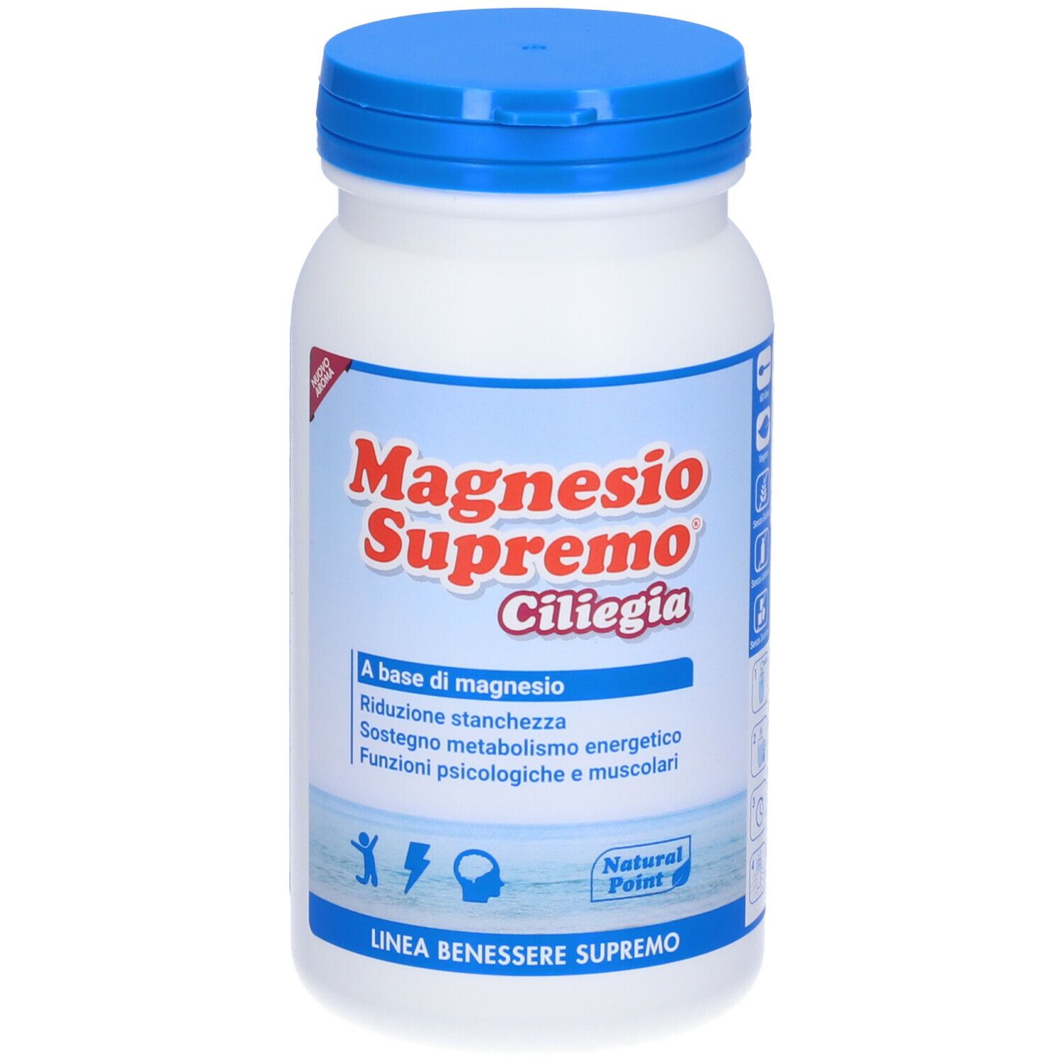 Flacone bianco, tappo blu. Scritta: Magnesio Supremo Ciliegia. Natural Point.