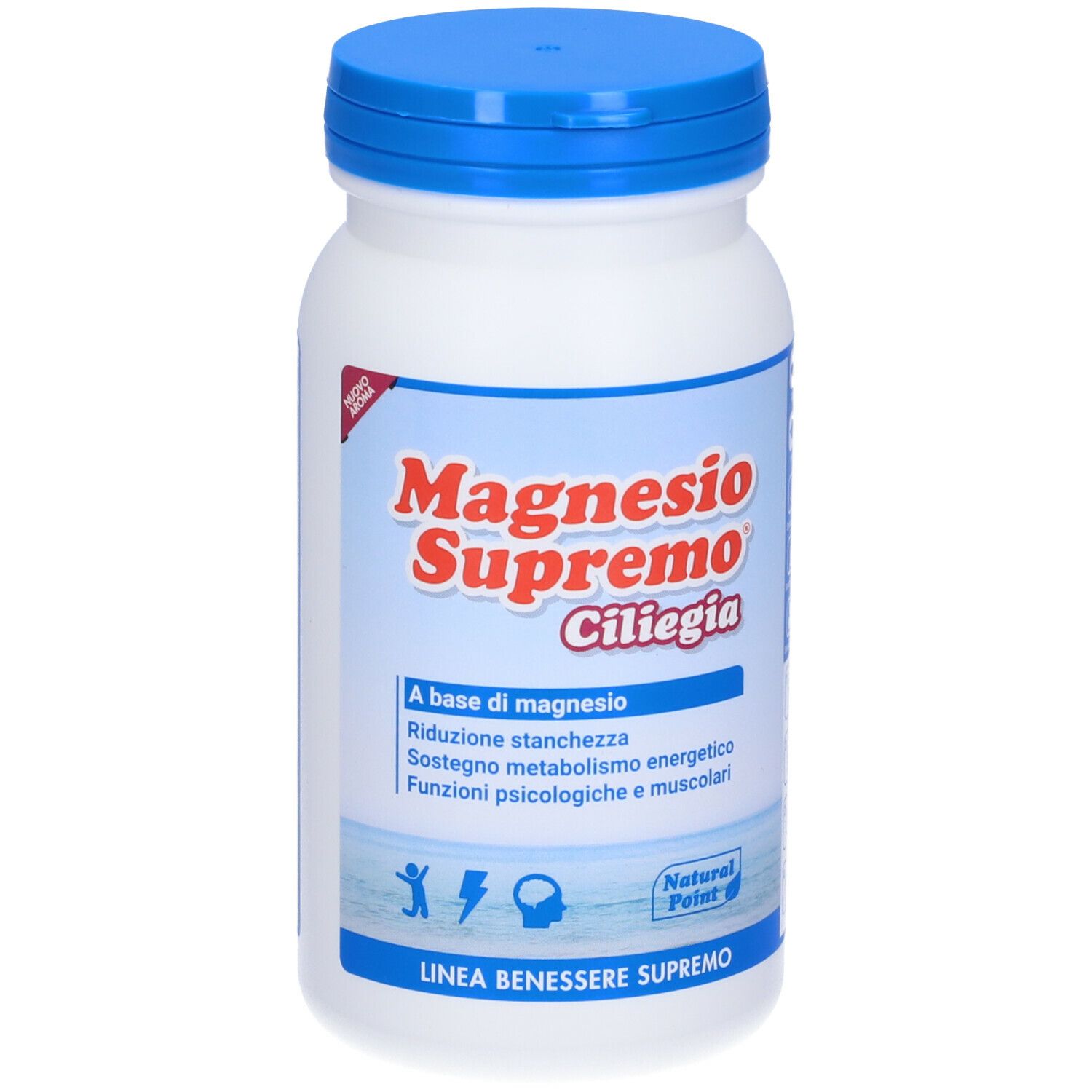 Flacone bianco, tappo blu. Scritta: Magnesio Supremo Ciliegia. Natural Point.