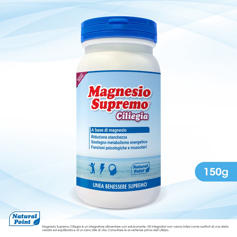 Flacone bianco, tappo blu. Scritta: Magnesio Supremo Ciliegia. 150g. Natural Point.