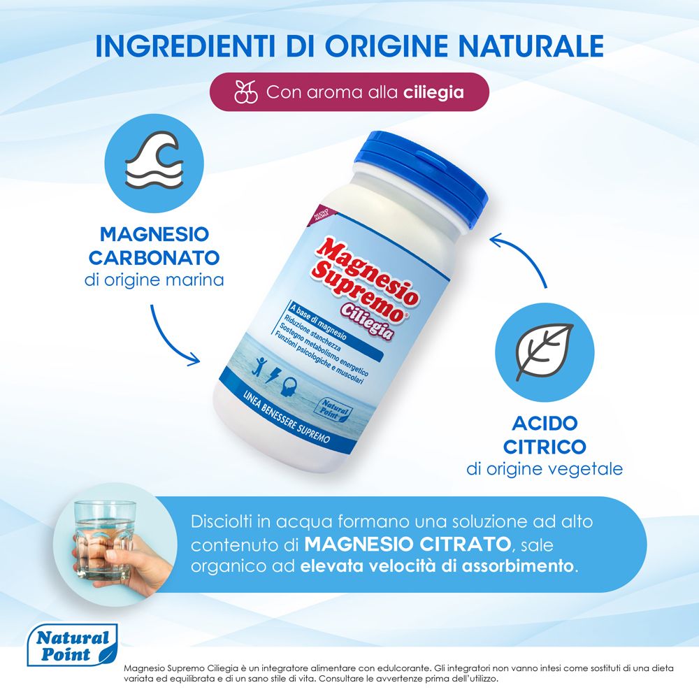 Grafica con ingredienti: carbonato di magnesio, acido citrico. Aroma ciliegia. Bicchiere con liquido.
