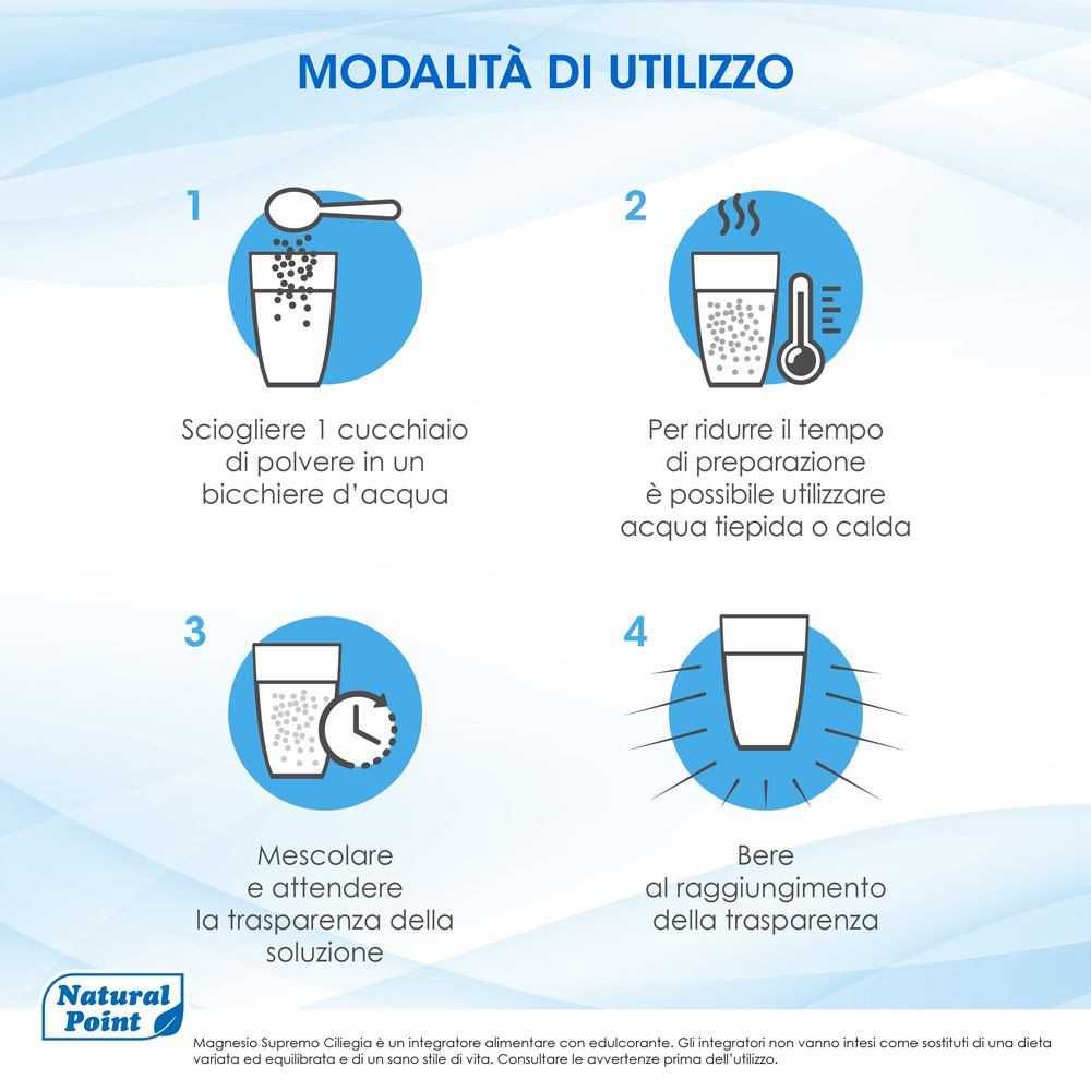 Istruzioni per l'uso: 4 passaggi. Sciogliere la polvere in acqua, usare acqua tiepida, mescolare, bere.