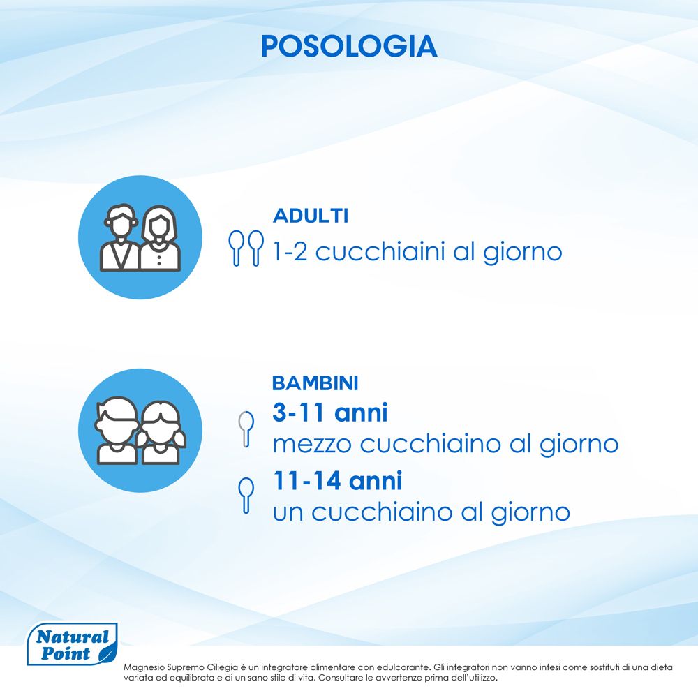 Posologia: Adulti 1-2 cucchiaini al giorno. Bambini: 1/2-1 cucchiaino al giorno.
