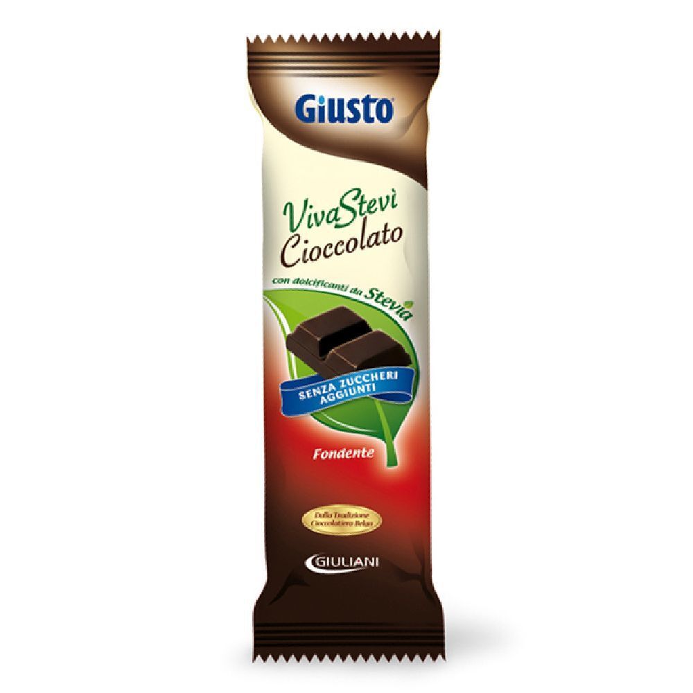 Confezione di cioccolato. Scritte: Giusto, Viva Stevi Cioccolato, senza zuccheri aggiunti, Fondente. Logo Giuliani.