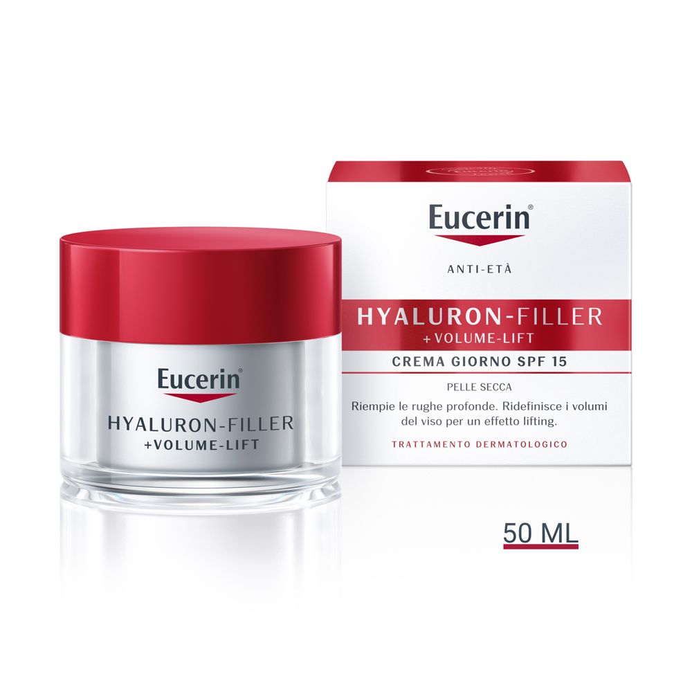 Pot de crème à couvercle rouge et emballage blanc. Inscription : Eucerin HYALURON-FILLER + VOLUME-LIFT, 50 ml.