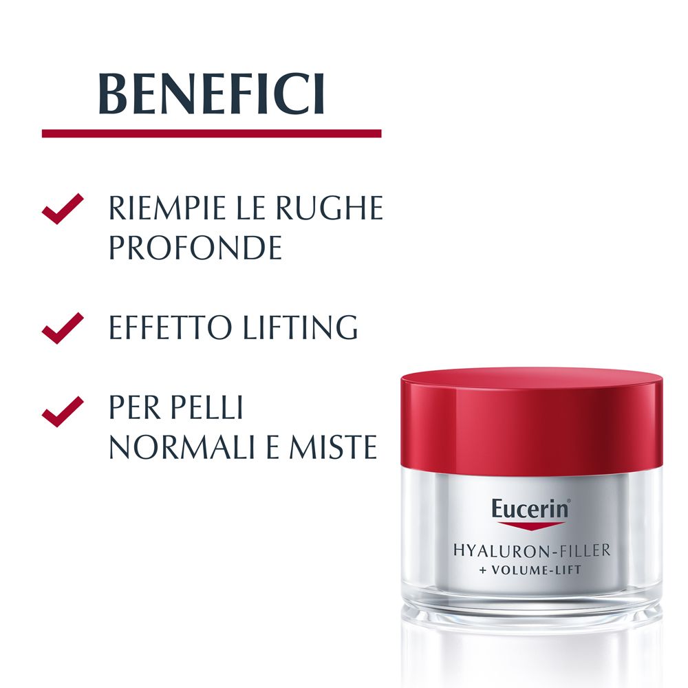 Eucerin Hyaluron-Filler + Volume-Lift. Benefici: riempie le rughe, effetto lifting, per pelli normali e miste.