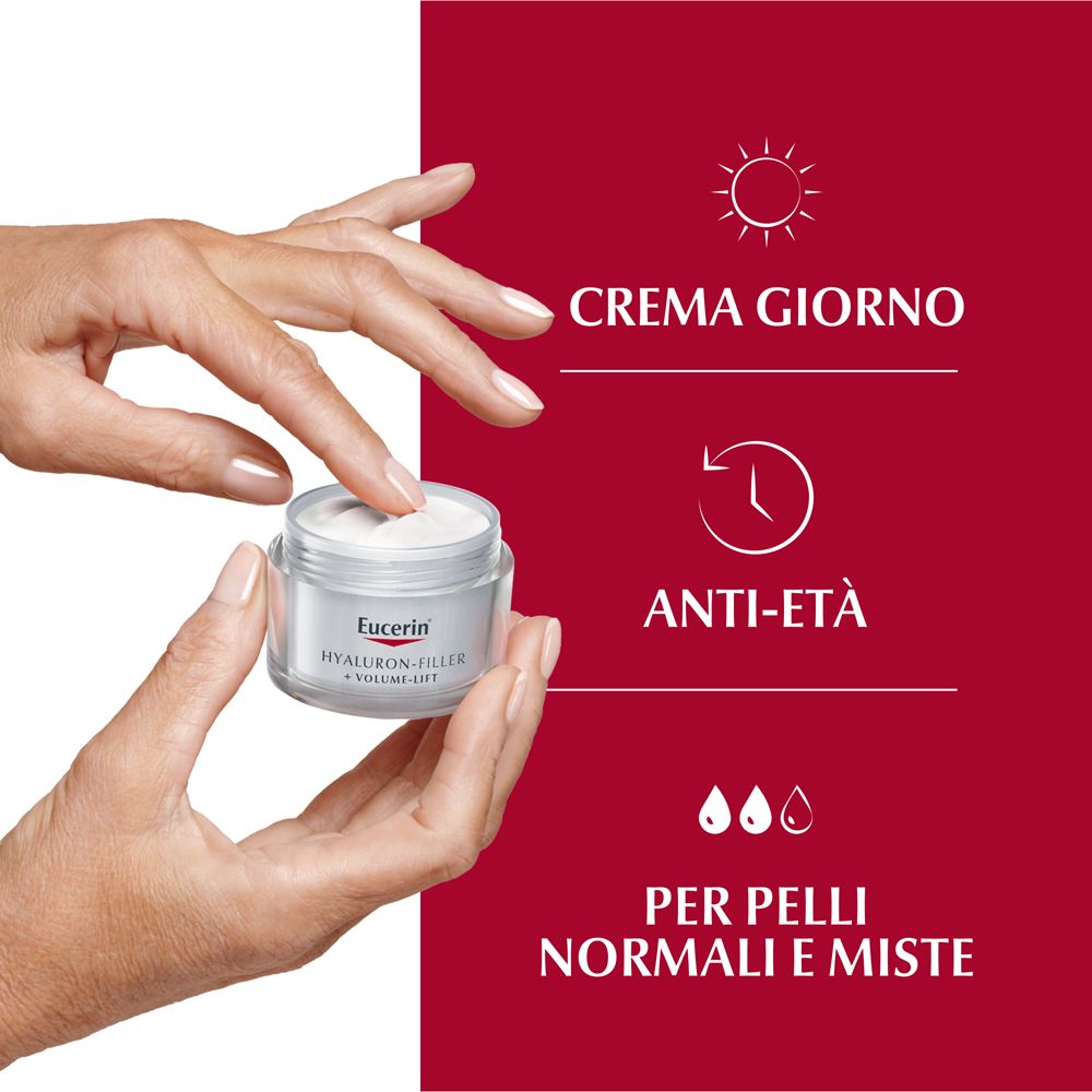 Mani che tengono un vasetto Eucerin Hyaluron-Filler + Volume-Lift. Testo su sfondo rosso.