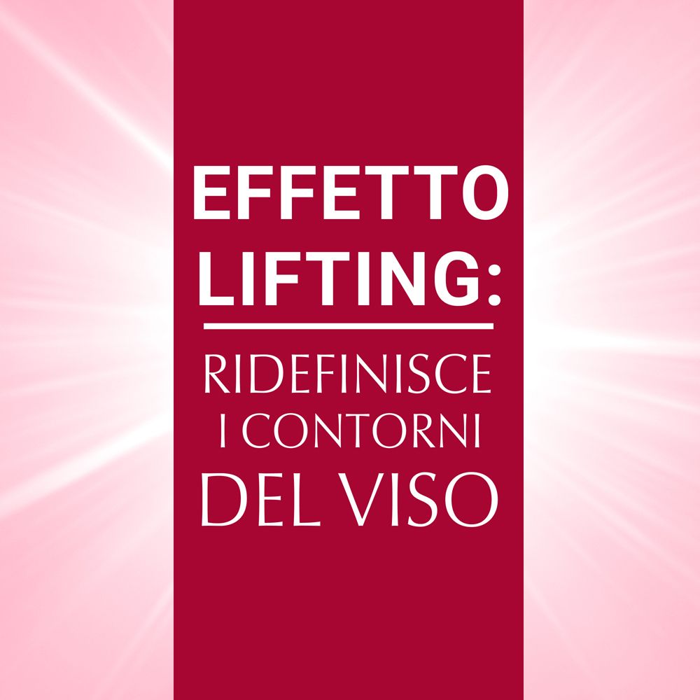 Testo su sfondo rosso: Effetto lifting: ridefinisce i contorni del viso.