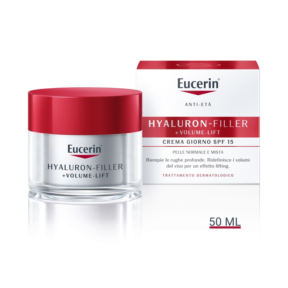 Eucerin Hyaluron-Filler + Volume-Lift Crema Giorno. Vaso con coperchio rosso. 50 ml.