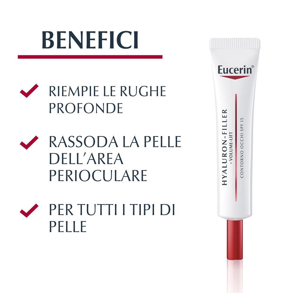 Text mit Aufzählungszeichen. Text: Riempe le rughe profonde, Rassoda la pelle dell'area perioculare, Per tutti i tipi di pelle.