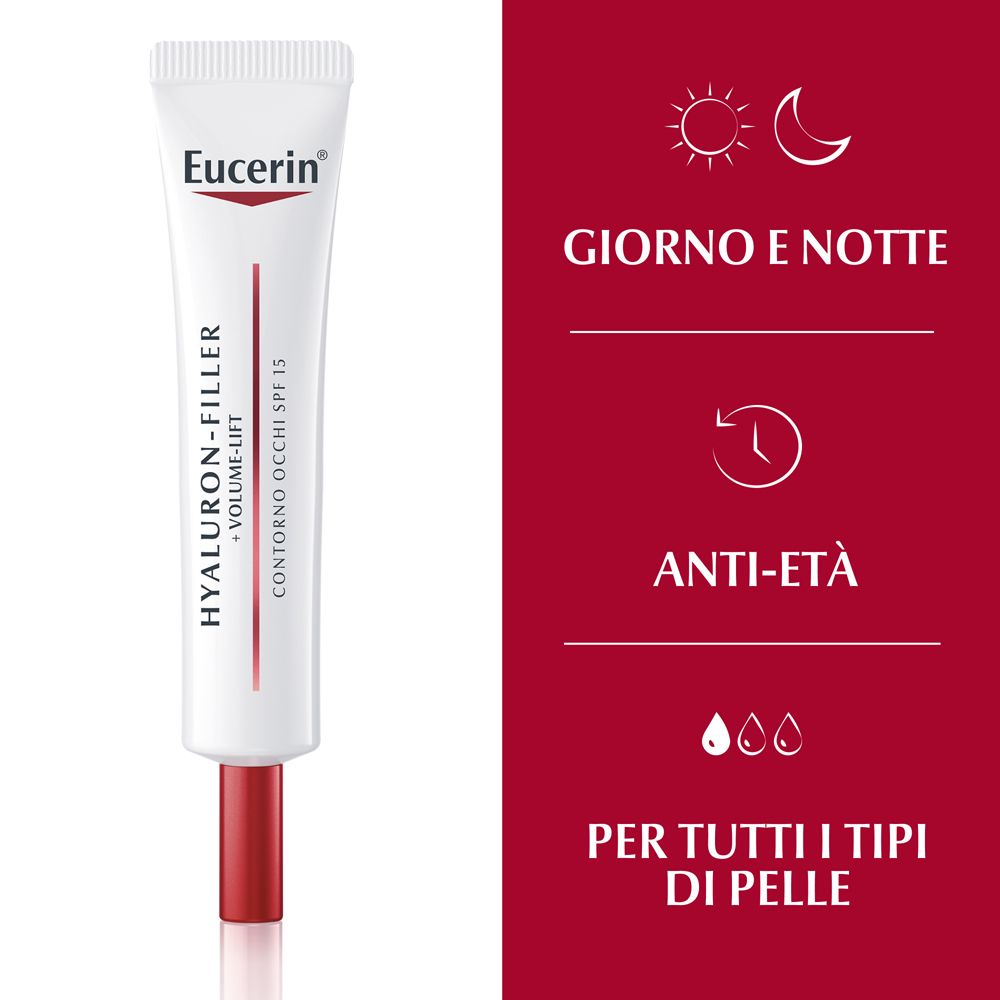 Tube mit rotem Applikator. Text: Giorno e notte, Anti-età, Per tutti i tipi di pelle. Symbole: Sonne, Mond, Tropfen.