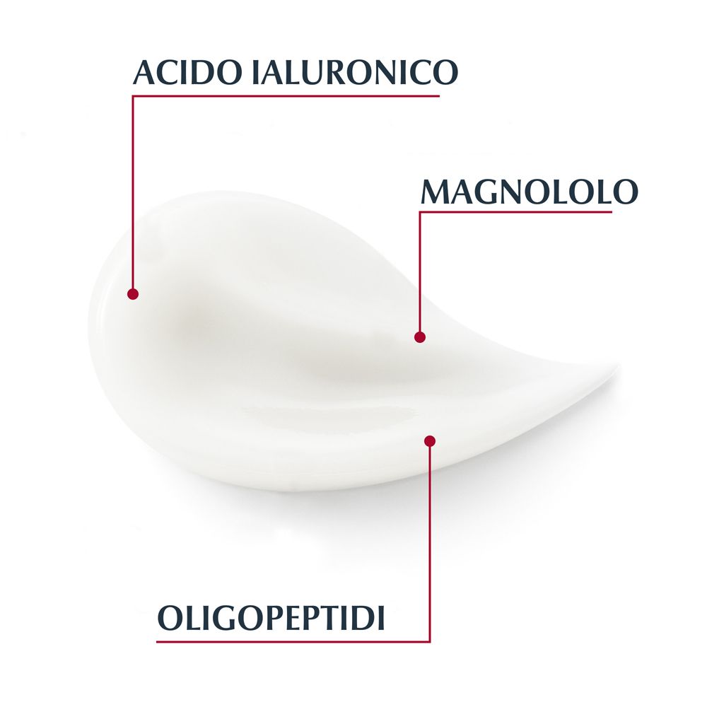 Weißes Produkt mit roten Markierungen. Text: Acido Ialuronico, Magnololo, Oligopeptidi.