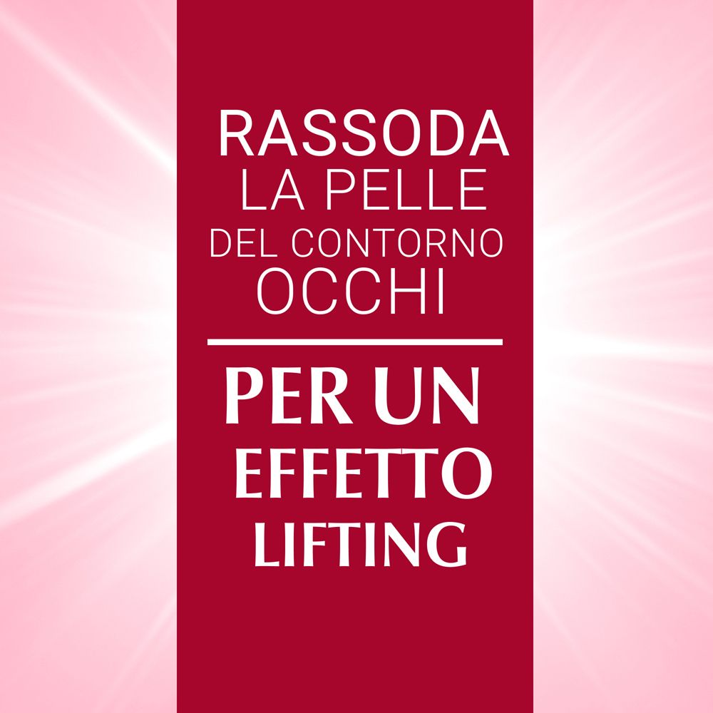 Roter Hintergrund mit Text: Rassoda la pelle del contorno occhi, Per un effetto lifting.