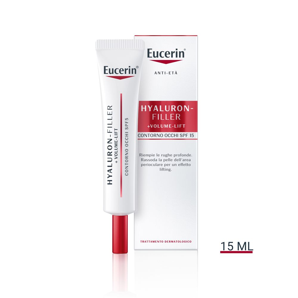 Weiße Tube mit rotem Applikator und Verpackung. Text: Eucerin, HYALURON-FILLER + VOLUME-LIFT, Contorno Occhi SPF 15.