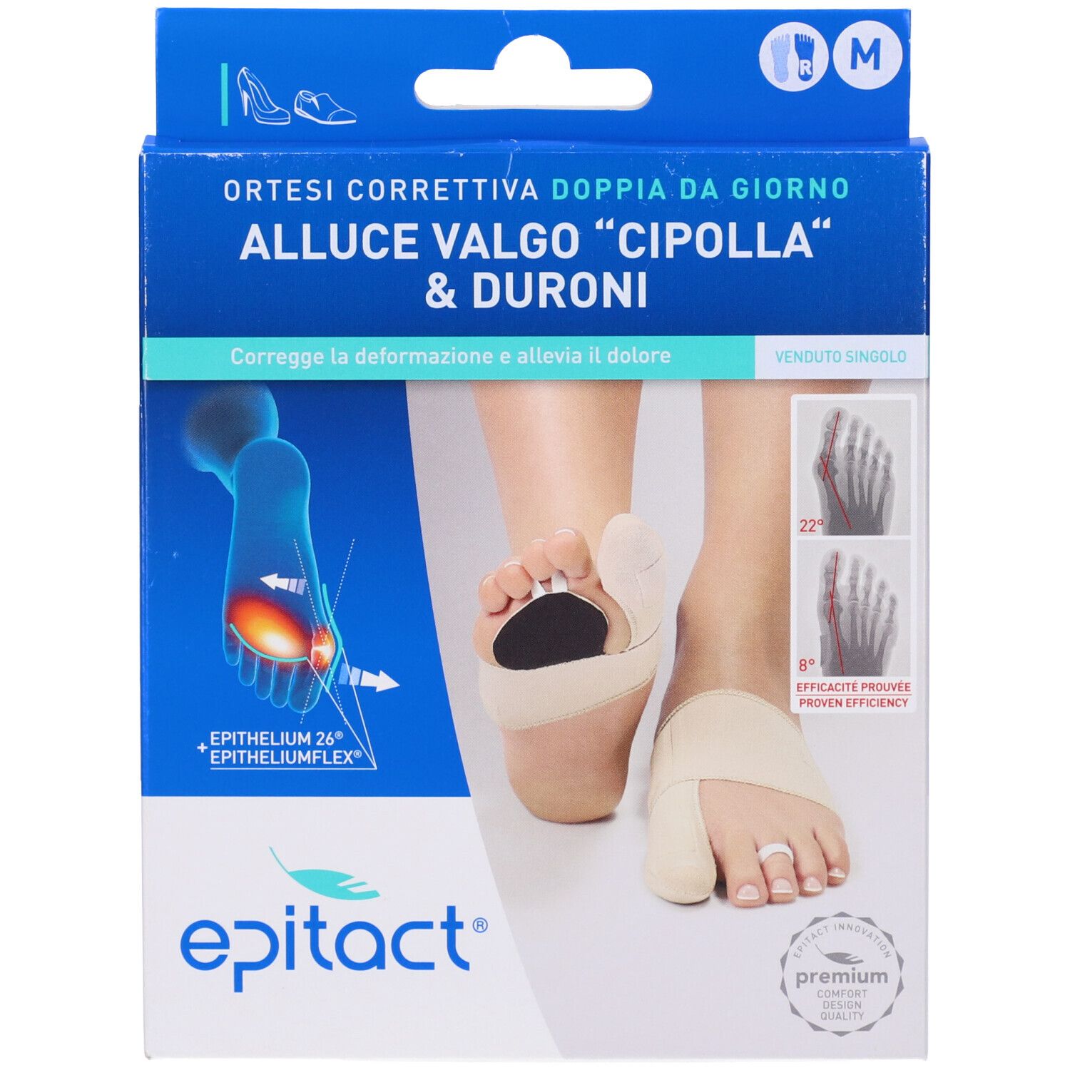 Confezione di ortesi per piede. Scatola blu con nome prodotto e illustrazioni. Taglia M.